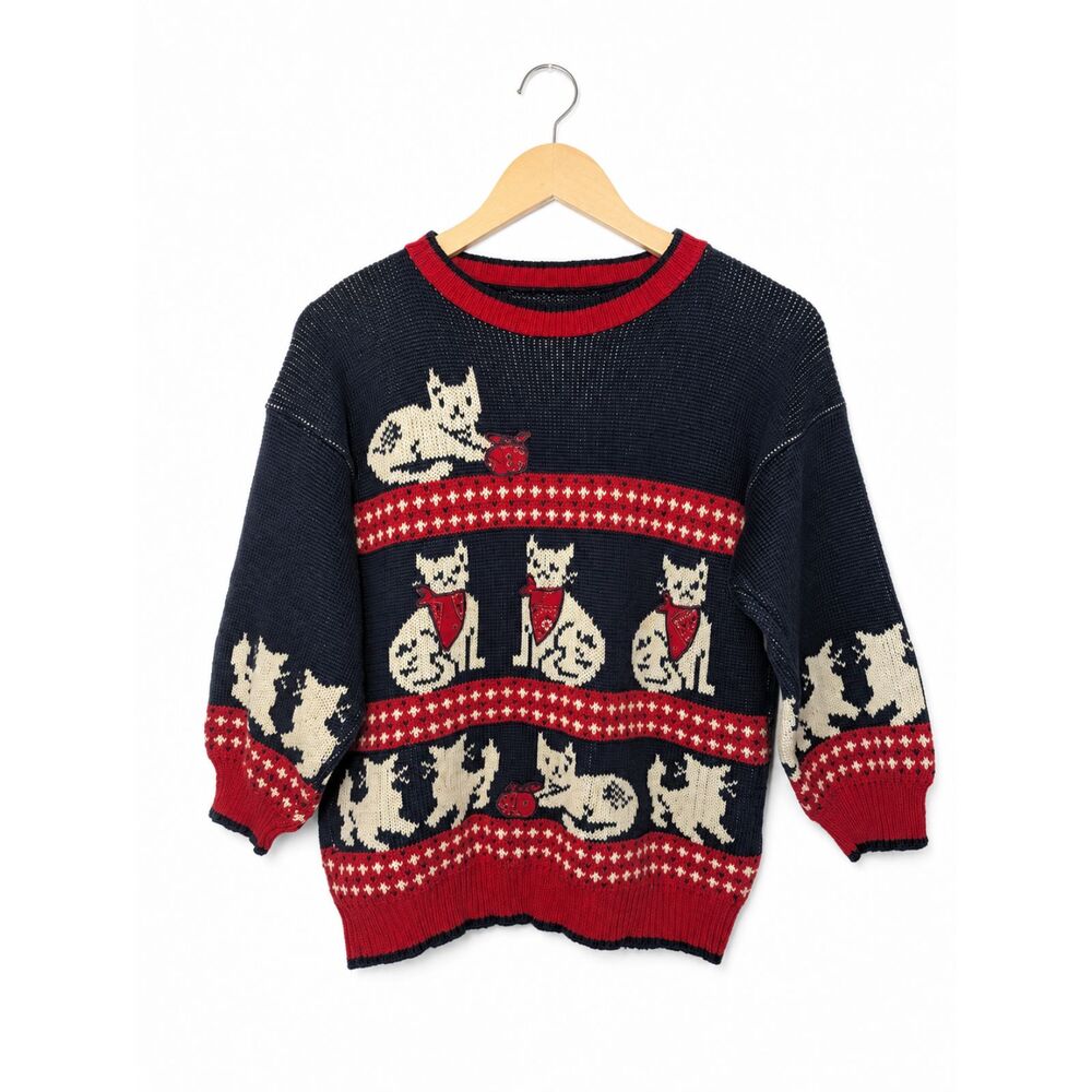 Vintage Navy & Red Cat Lover's Novelty Knit Sweater Cottagecore Grandmacore - Picture 1 of 8